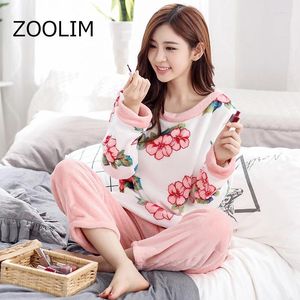 Thuiskleding Zoolim Winter Dikke Warm flanellen Vrouwen Slaapkleding Bloemprint Pyjama's Sets Lange mouw Pyjama's 2 -delige slijtage Sleep Lounge