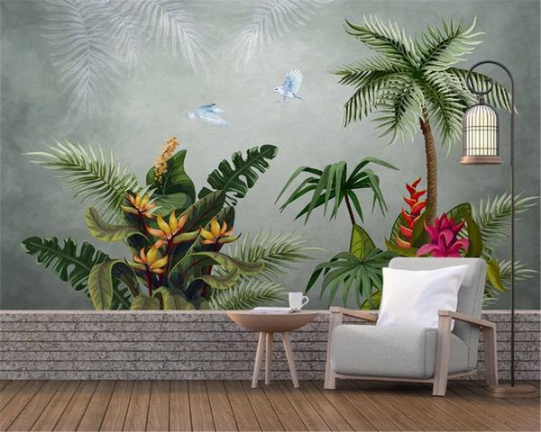 Décor à la maison 3d papier peint médiéval dessiné à la main forêt tropicale tropicale plantes fleurs oiseaux décoration intérieure papier peint