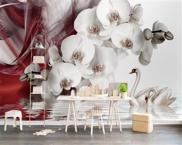 Décor à la maison 3d papier peint moderne belle Phalaenopsis cygne TV fond mur HD impression numérique humidité papier peint
