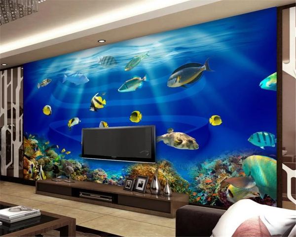 Décor à la maison 3d papier peint monde de la mer en forme de coeur Aquarium poissons tropicaux 3D stéréo TV fond mur papier peint