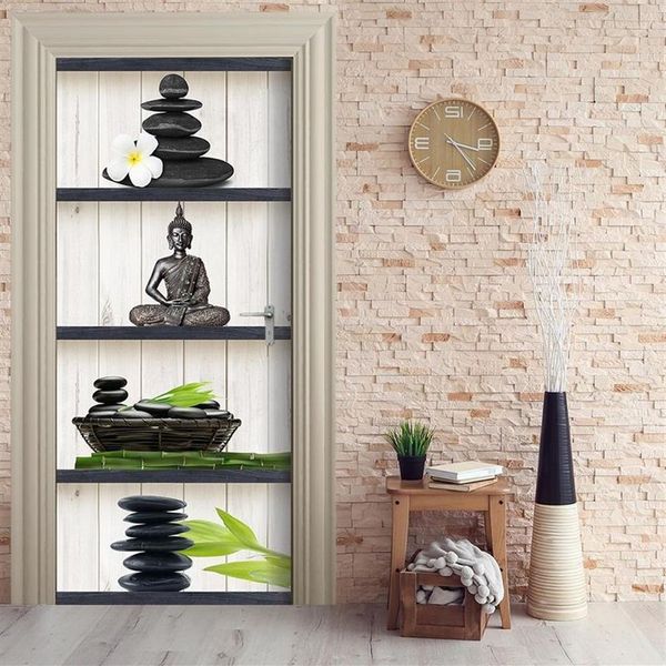 Decoración para el hogar DIY Etiqueta de la puerta Buda Flor Piedra Autoadhesivo Calcomanía Papel para sala de estar PVC Impermeable 3D Impresión Etiqueta Arte T200252K