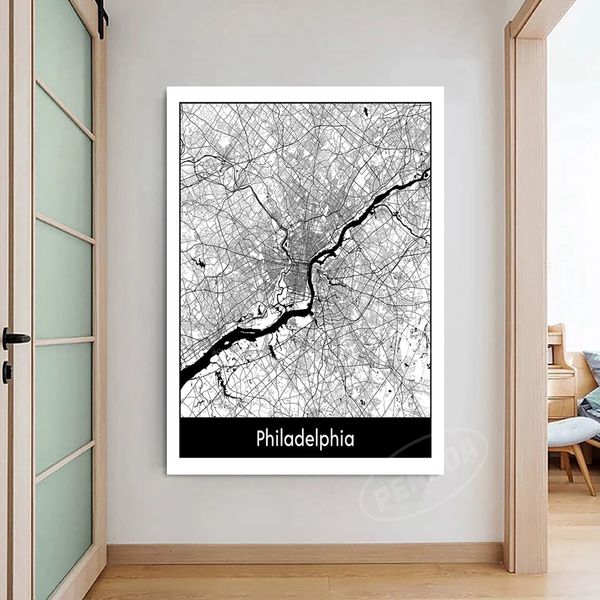 Décoration intérieure HD imprimés en toile Philadelphie Cities Route peinture de la carte du monde Affiche Affiche Mur art des images modulaires pour fond de chevet