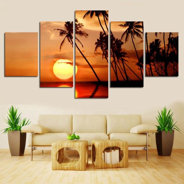 Decoración del hogar Impresiones en HD Imágenes Pinturas en lienzo 5 piezas Puesta de sol Playa Ola Palmeras Paisaje marino Pósteres Arte de la pared del dormitorio Sin marco282F