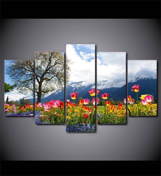 Decoración del hogar Imágenes de pared de salón 5 piezas árbol flores naturaleza paisaje arte pintura Modular HD lienzo impreso póster sin marco4826417