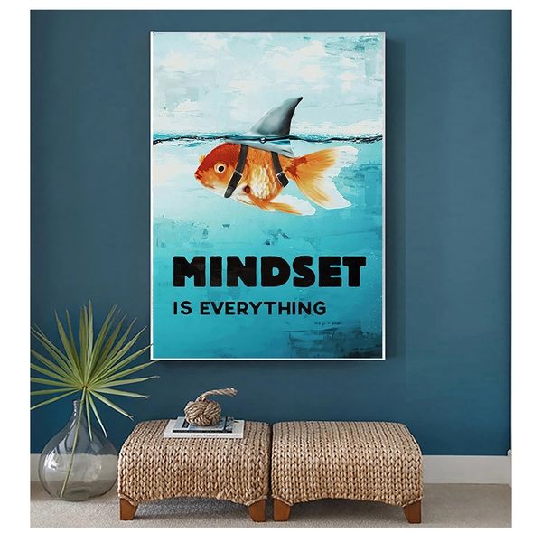 Décor à la maison, l'état d'esprit est tout, peintures de poisson requin, affiche nordique de motivation pour salon, peinture sur toile d'art mural imprimée Woo