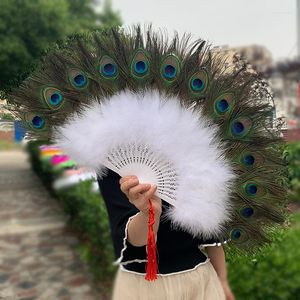 Décor à la maison en gros grande taille deux Double ventilateurs de plumes de paon avec de grands yeux pour la danse et la décoration murale