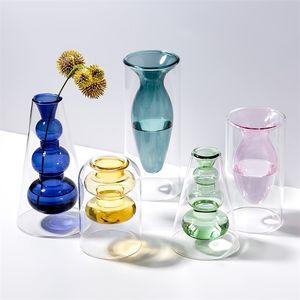 Accessoires de décoration pour la maison Style nordique Verre coloré Vase transparent Arrangement de fleurs Hydroponique Aquaculture Bouteille Table 210409