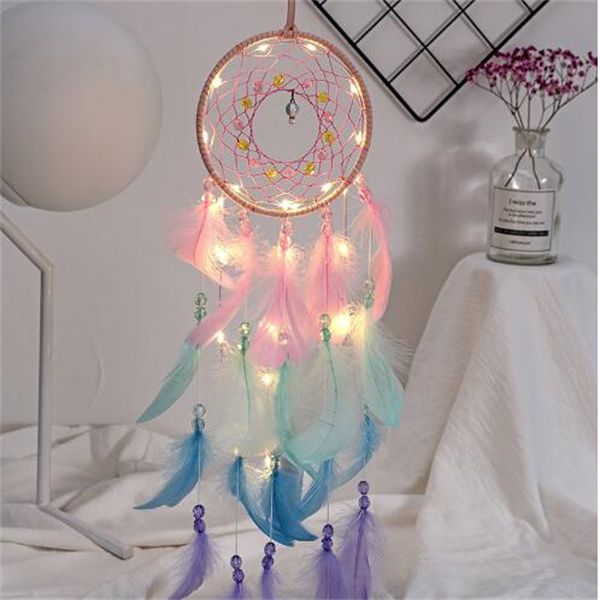 Decoración del hogar Colorido Atrapasueños de plumas verdaderas se ilumina Atrapasueños creativo niñas prácticos regalos especiales de cumpleaños decoración del hogar GC1670