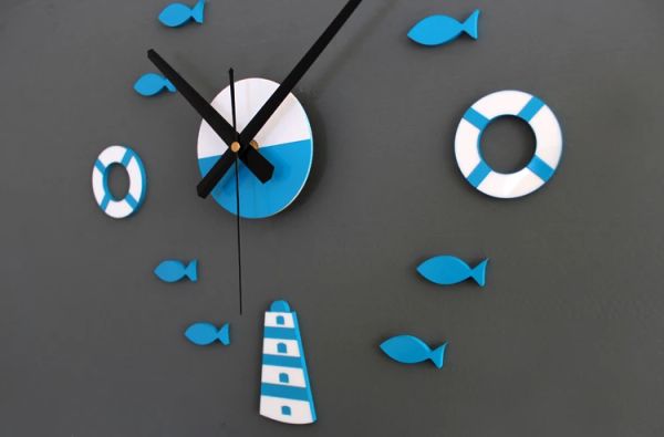 Inicio Diy Pegatina de pared relojes Life Boya Blue Sea Ship Fishes Tipo de relojes de pared Regalos para niños Decoración de niños Sailor de pared