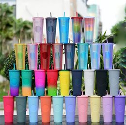 Home Double-layer Tumblers Plastic Strawbekers Grote capaciteit Creativiteit 710 ml Durian Cup Tie-Hand Mok Lumineuze kleur Rainbow Gradient Cupslt262