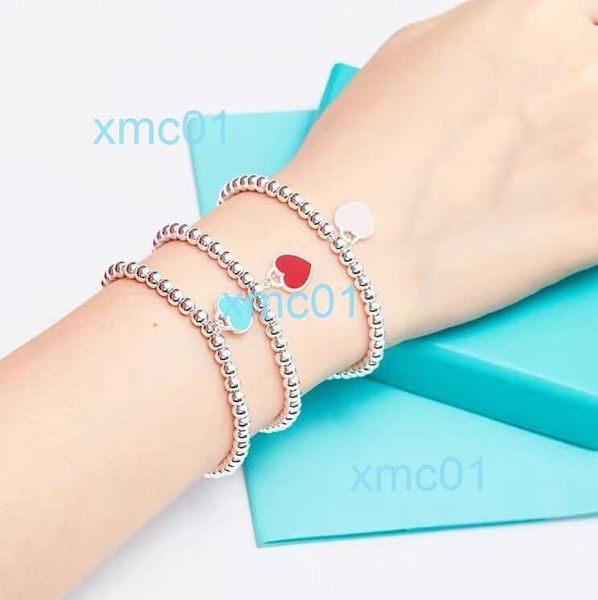 Bracelet en forme de cœur en émail à la maison 925 Bracelet à deux cardims plaqué en or pur plaqué en or avec de petites perles de coeur en poudre rouge 0rts