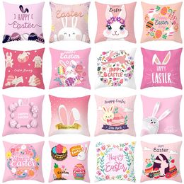 Home Happy Pasen Bunny Kussensloop 18x18 Inches Konijn Gedrukt Perzik Huidkussen Covers Lente Decor voor Sofa Couch door zee ZC709