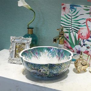 Accueil hôtel décor artistique porcelaine lavabo en céramique rond Coutertop salle de bain évier fleur shapegood qté Hrhgp