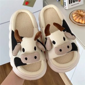 Accueil chaussures lin vache femmes pantoufles intérieur femmes sandales mignon dessin animé lait vache pantoufles femmes chaussures intéressantes 230606