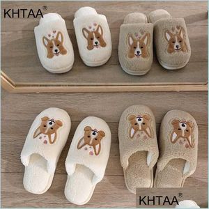 Home schoenen Slipper vrouwen huis slippers warme schoenen schattig corgi winter fur thuisschoenen voor casual korte pluche comfortabele drop deliv dhgxd