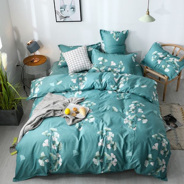 Home Texile Sheet, pillowcaseduvet cove set housse de couette Fashion blue bed set Literie adulte draps feuille verte linge de lit 210319