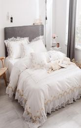 Home Textile 100cotton White Lace Bedding Set King Queen Tamaño gemelo Sólido Centro de princesas