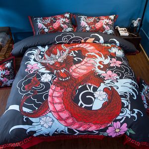 Thuis Textiel Dragon Beddengoed Set US Twin volledige koningin Koning Super King Size Rode Zwarte Kussensloop Slaapkamer Quilt Cover Set Beddcloges T200706