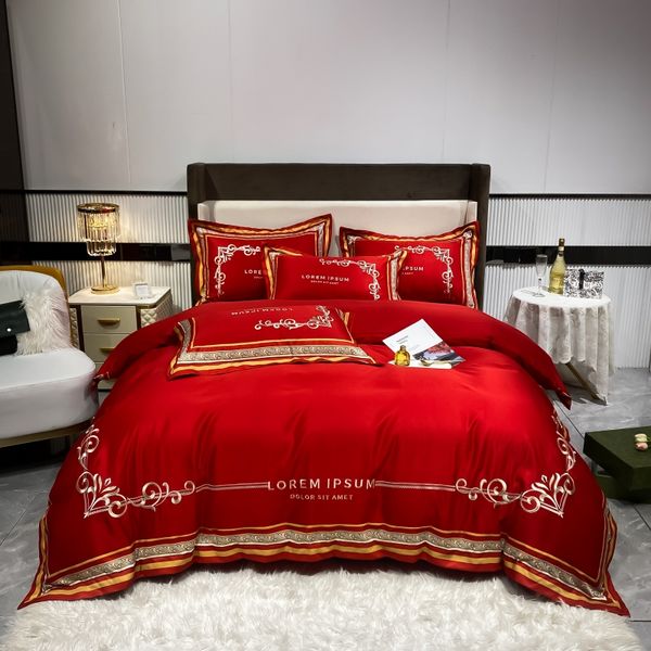 Casa de boda Textil Rojo Jacquard Satén Conjunto de ropa de cama de algodón de lujo Cinaca de cama de color sólido Bordado de color sólido Cubierta de almohadilla de lino