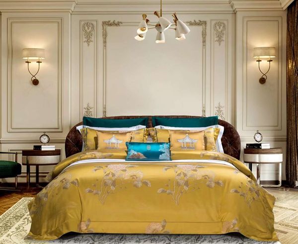 Maison textile king hôtel 4pcs en or de literie de luxe de mariage ensemble noble palais lit royal taille de couette couvre-lit de lit de lit de lit