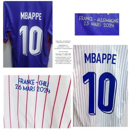 Match du textile à domicile Numéro de joueur usé 2024 France vs Chili Allemagne Mbappe Maillot Giroud Kolo Muani Dembele Tchouameni Camavinga Hernandez Thuram Zaïre Emery Patch