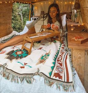 Textile de maisonCouverture Tribal indien tapis d'extérieur Camping pique-nique couverture Boho décoratif lit Plaid canapé tapis voyage tapis glands lin 1483057