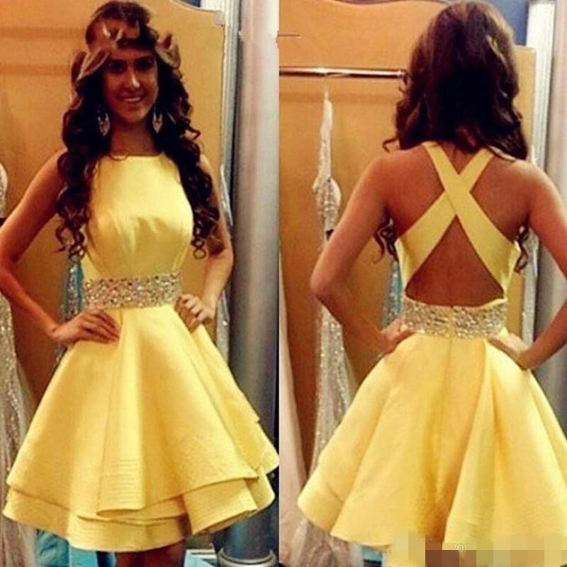 Homecoming Dresses Yellow Cross Criss Straps Back Beaded Waist Satin Custom Made Graduation Party Prom Formal Evening Gowns