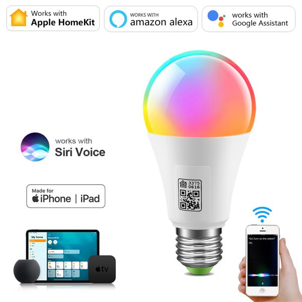 HomeKit Smart WiFi Bulbe ampoule multicolore Dimmable E27 LED Bulbes Siri Control Work avec Apple Home Kit Alexa Google Assistan