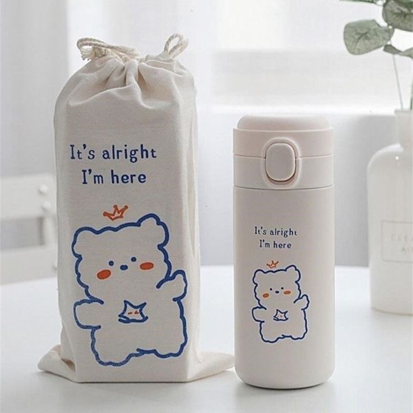 Tasse thermos faite maison femme petit ours mignon style coréen simple fille étudiante avec sac tendance de personnalité pratique 211109