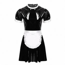 Homens sissy maid traje cjunto molhado olhar patente vestido queimado com avental maid uniforme masculino clube jeu de rôle maid trajes A0EU #