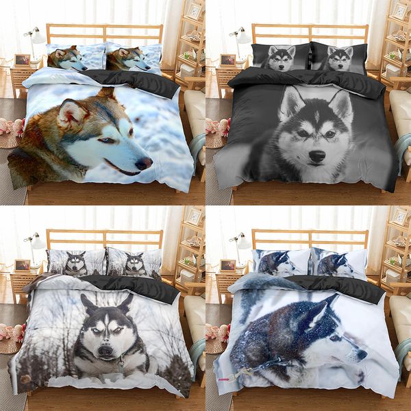 Homesky 3D Husky Dog Literie Set Mignon Animal Housse de couette Queen King Size Husky Dog Literie Set Textiles de maison Housse de couette Lin 201127