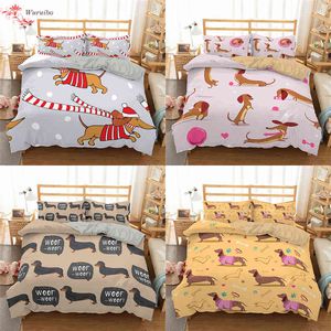 Homesky schattige Dachshund Sausage Print beddengoedset Cartoon Dog Puppy Dekbedoverkap Koning Koningin Single 2/3pcs Bed Sets Home Textiles