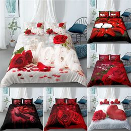 Homesky Valentijnsdag Bruiloft Bloem Beddengoed Set 2/3 Stks Luxe Rose Heart Love Dekbedovertrek Koningin Twin King Size Kussensloop 210615
