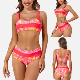 Roze bloemenbikini 2023 vrouwen hoge taille zwempak tweedelige vrouwelijke sexy Braziliaanse push -up badpak badkleding biquini