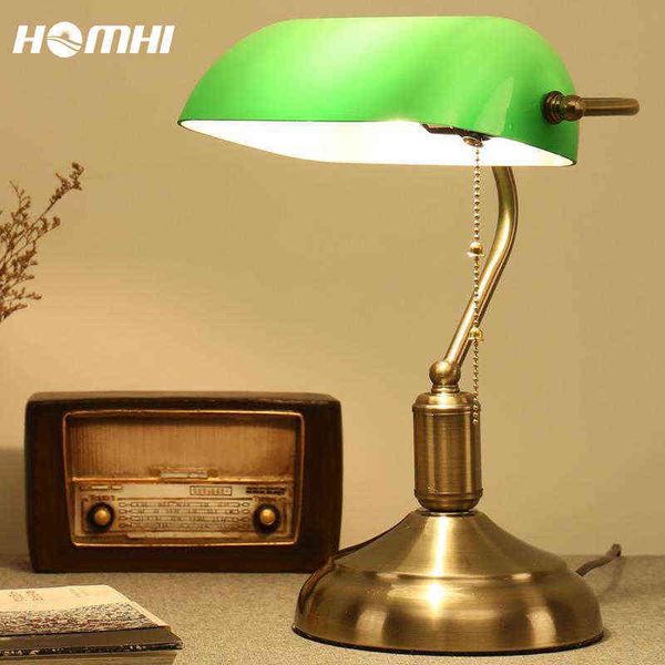 Homhi Lámpara de Mesa Rústica Vintage Lampara Led Mesa Escritorio Estudio Industrial Art Deco Vidrio Dorado Manchado Verde Interruptor HDL-005 H220423