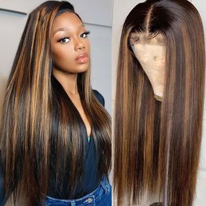 Miel Blond Ombre Couleur Highlight Lace Font Perruques Non Lace Cheveux Humains Brésiliens Longs Cheveux Raides 18 pouces Pour Les Femmes Noires 150% Densité