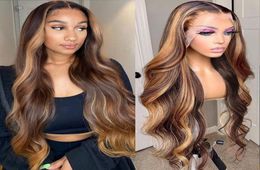 Honingblonde 13x4 Body Wave Transparante Hoogtepuntpruik Braziliaans menselijk haarpruiken voor vrouwen Voorgeplukte 4x4 vetersluitingpruik7497081