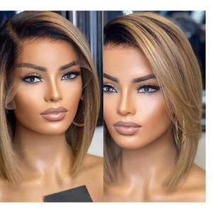 Miel Blonde 13x4 Transparent Lace Front perruque courte Bob Pixie Cut perruques colorées pour les femmes cheveux humains brésilien Remy cheveux 130% densité DIVA2