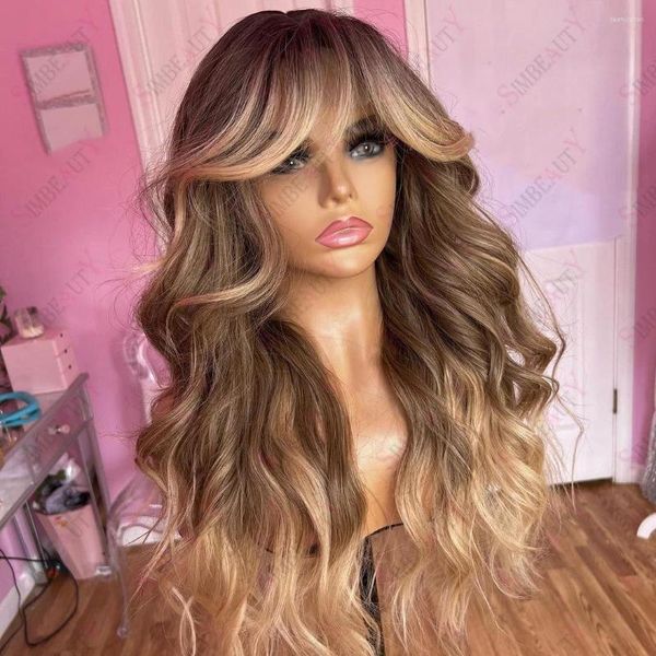 Honey Blonde Body Wave Ombre Fringe Pelucas de cabello humano con flequillo O Scalp Top Full Machine Made Peluca Brazilian Remy Glueless