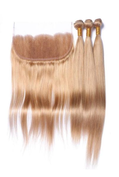 Trames de cheveux humains vierges brésiliens blond miel avec frontale soyeuse droite pure 27 couleur brun clair 13x4 dentelle frontale avec 3 chignon8135421