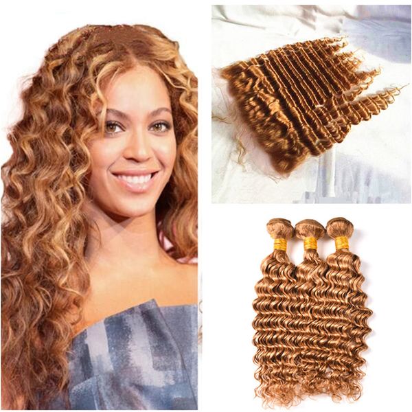 Honey Blonde Bundles con cierre frontal Deep Wave Curly # 27 Blonde Human Hair Brazilian Virgin Hair Extension 3 Bundles con encaje frontal