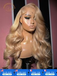 Perruque Lace Front Wig Body Wave naturelle, cheveux naturels, couleur blond miel 27, pre-plucked, 13x6, transparente HD, pour femmes