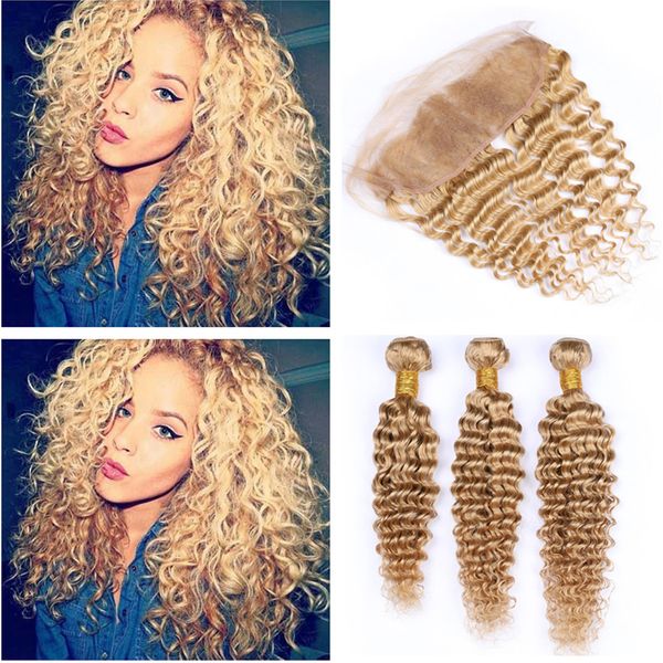 Bundles de cheveux brésiliens bouclés blonds miel avec fermeture frontale Couleur # 27 Blond clair blond vague profonde bouclés cheveux humains partie libre frontales