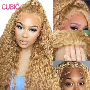 Honey Blonde Curly Lace Front Perruques Human Human 13x4 Hd Deep Wig Wig 200% densité pré-cueilli # 27 colorée