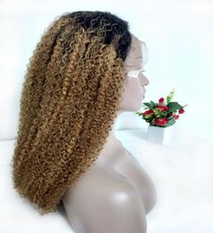 Honey Blonde Curly Ombre Pelucas de cabello humano Color T1B27 Peluca delantera de encaje trenzado peruano Peluca de encaje completo sin cola rizada rizada para Bla9474696