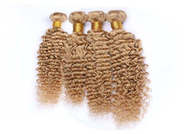 Honey Blonde Deep Wave Paquetes de tejido de cabello humano brasileño 4 piezas 400 gramos 27 Marrón claro Onda profunda Extensiones de tramas de cabello humano rizado 8031733