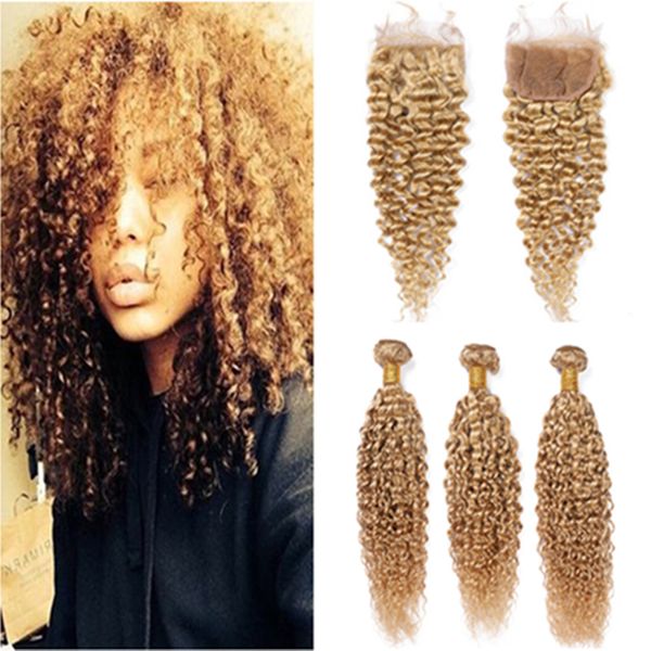 Bundles de cheveux humains bouclés crépus blond miel avec fermeture # 27 Tissage de cheveux humains bouclés brésiliens brun clair 3 faisceaux avec fermeture à lacet 4x4