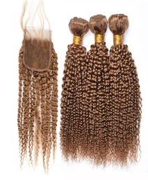 Miel Blonde Crépus Bouclés Cheveux Humains Weave Bundles avec Fermeture Pure 27 Crépus Bouclés Brésiliens Vierges Cheveux 3 Faisceaux avec 44 Dentelle 4593150