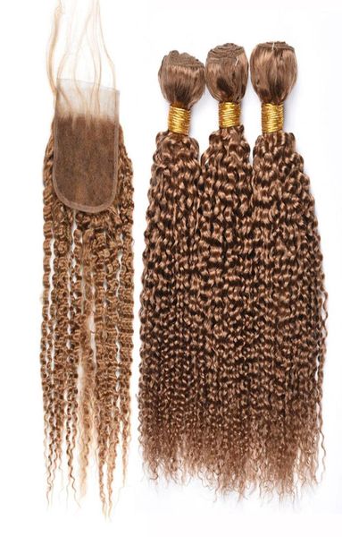 Miel Blonde Crépus Bouclés Cheveux Humains Weave Bundles avec Fermeture Pure 27 Crépus Bouclés Brésiliens Vierges Cheveux 3 Faisceaux avec 44 Dentelle 2285504