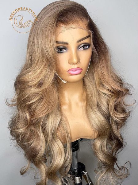 Perruque Lace Front Wig naturelle Body Wave, cheveux naturels, blond miel, 13x6, Transparent HD, ombré, avec racine brune